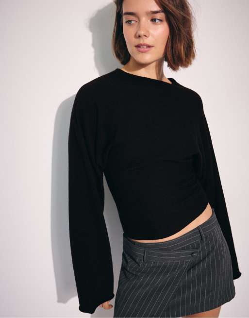 Stradivarius maglione in maglia con colletto alla coreana e maniche a kimono nero, 2 di 7