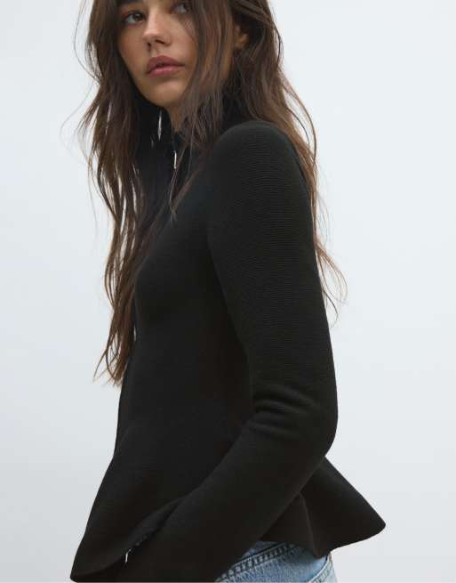 Stradivarius maglione in maglia con peplo nero, 5 di 7