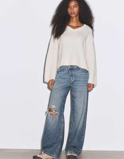 Stradivarius maglione in maglia con scollo a V color ecru - view 1
