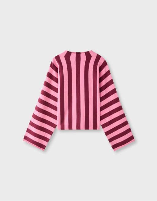 Stradivarius maglione lavorato a maglia con colletto alla coreana e maniche a kimono rosa bubblegum, 6 di 7