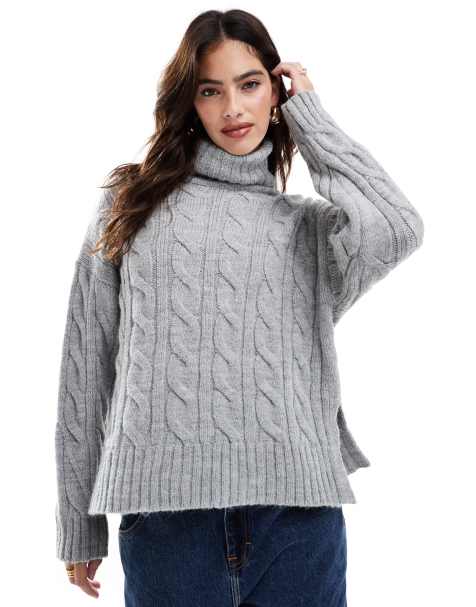 Stradivarius - Maglione lavorato a trecce accollato grigio - view 1