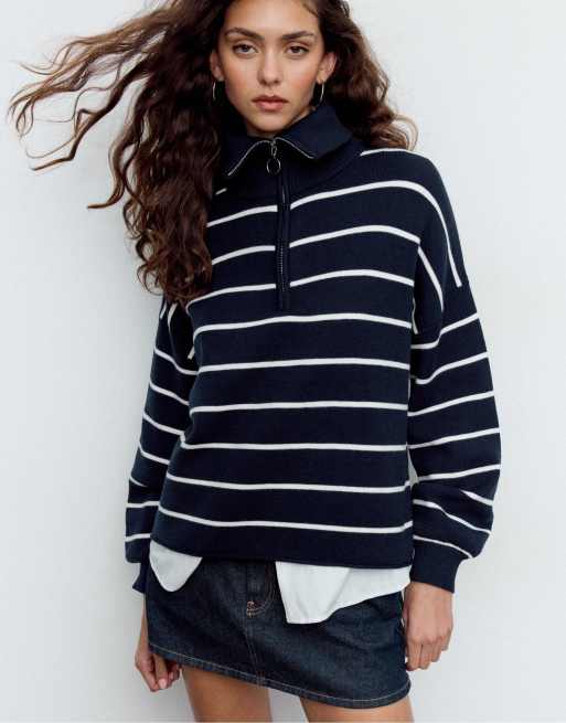 Stradivarius - Maglione lavorato color blu navy con zip