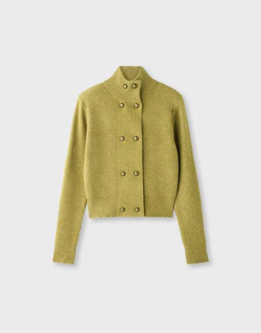 Stradivarius maglione lavorato doppiopetto con collo a imbuto verde oliva, 7 di 7