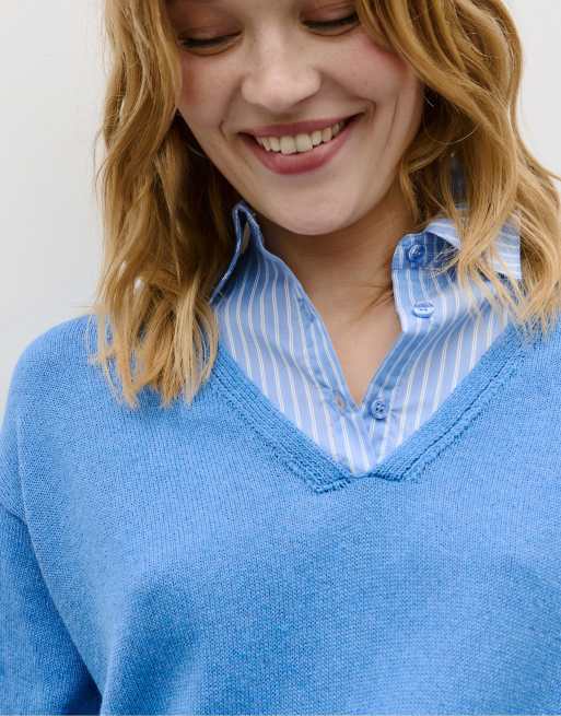 Stradivarius - Maglione lavorato in due materiali blu reale, 2 di 4