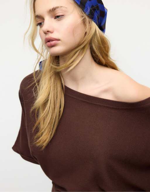 Stradivarius - Maglione marrone con maniche ad ali di pipistrello, 4 di 4