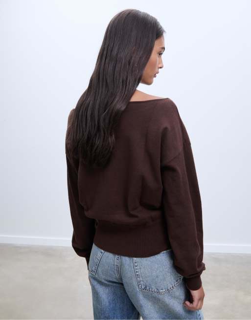 Stradivarius - Maglione marrone con scollo a barchetta, 3 di 4