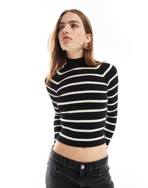 Stradivarius - Maglione nero e bianco a righe a coste - view 1