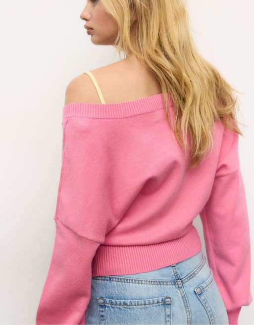 Stradivarius - Maglione rosa con scollo a V e maniche ad ali di pipistrello, 2 di 4