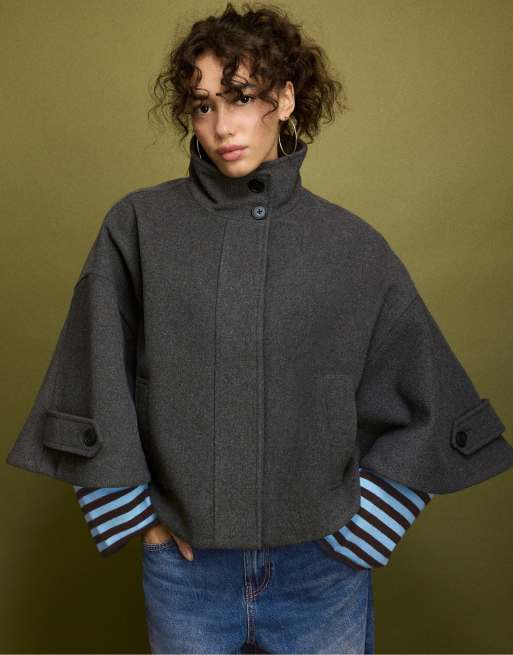 Stradivarius manteau cape texturé feutre en gris, 5 de 7