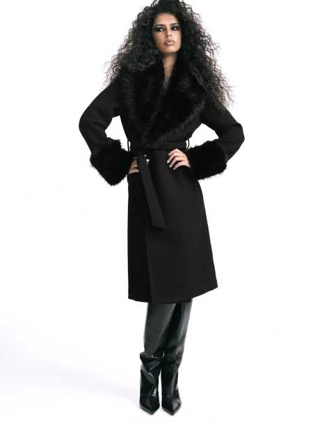 Stradivarius manteau droit en feutre avec col en fausse fourrure noir - view 1