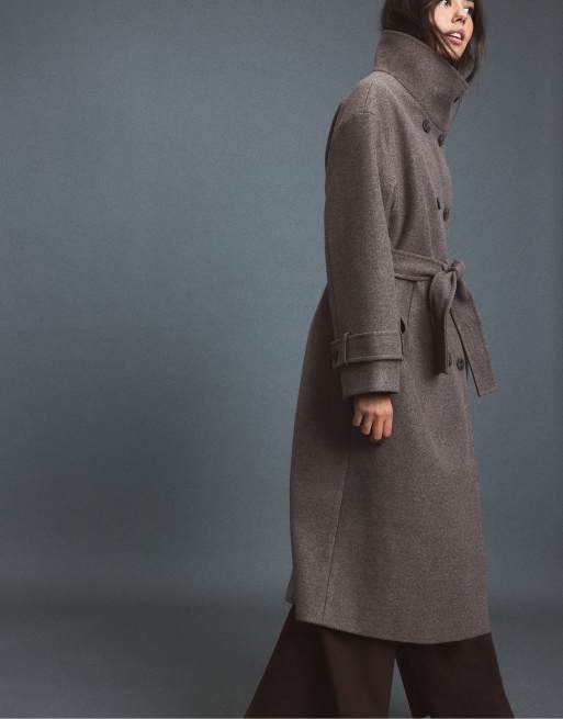 Stradivarius manteau long à col montant toucher doux marron, 2 de 7