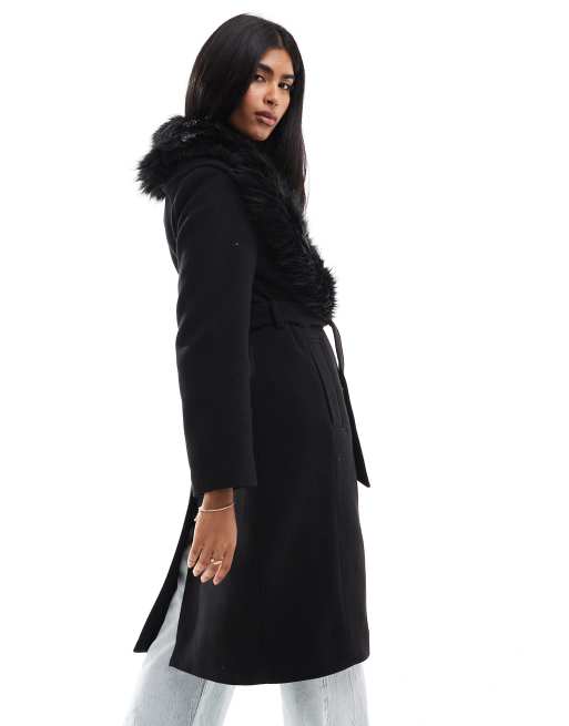 Stradivarius - Manteau long avec col en fausse fourrure - Noir, 4 de 4