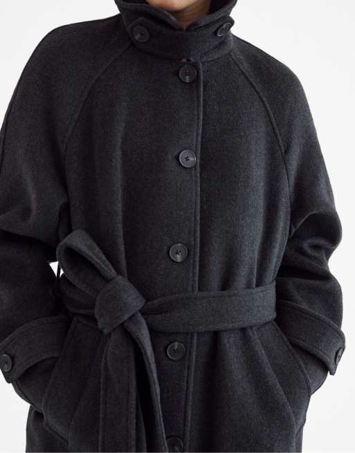 Stradivarius Manteau long en feutre à boutons gris foncé, 2 de 5