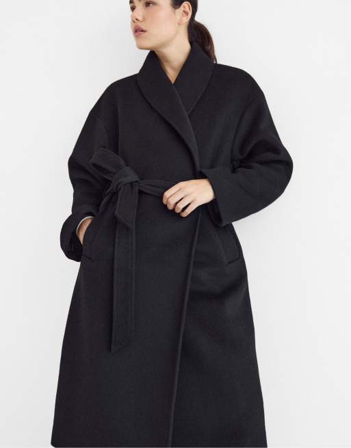 Stradivarius manteau long en feutre ceinturé noir, 2 de 7