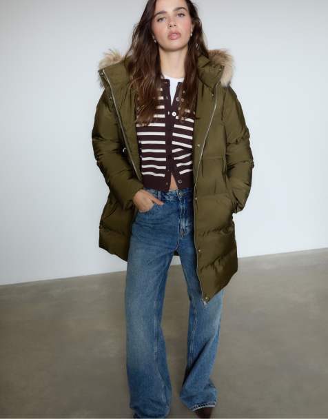 Stradivarius - Manteau matelassé avec capuche en fausse fourrure - Vert olive - view 1