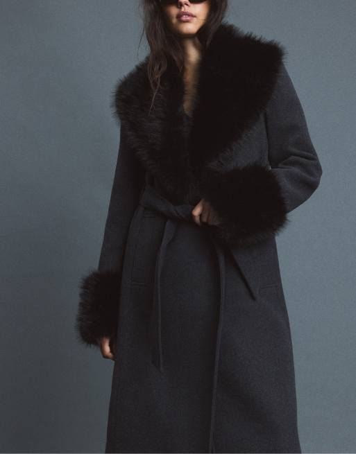 Stradivarius manteau mi-long avec col en faux-fur gris foncé, 5 de 7