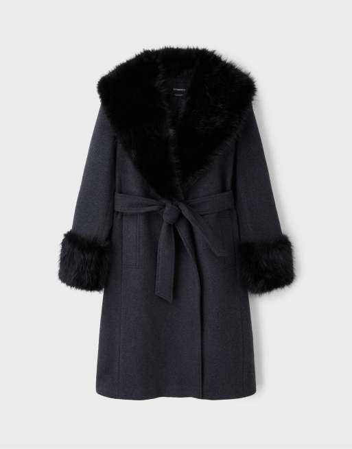 Stradivarius manteau mi-long avec col en faux-fur gris foncé, 6 de 7
