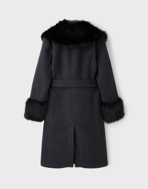 Stradivarius manteau mi-long avec col en faux-fur gris foncé, 7 de 7