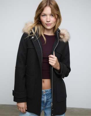 Stradivarius - Mantel in Dunkelgrau mit Kapuze mit Kunstpelzbesatz