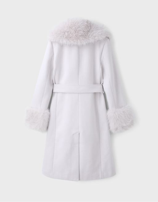 Stradivarius Mantel mit geradem Schnitt und Faux-Fur-Kragen in Ecru, 7 von 7