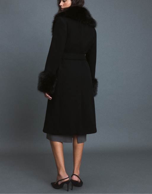 Stradivarius Mantel mit geradem Schnitt und Faux-Fur-Kragen in Schwarz, 3 von 7
