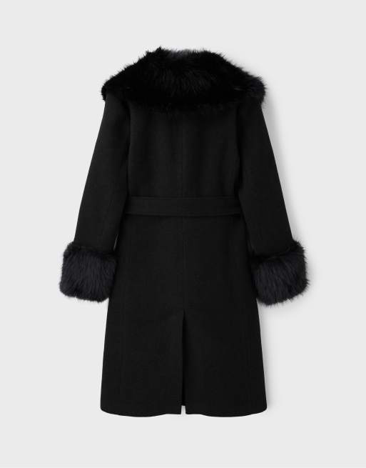 Stradivarius Mantel mit geradem Schnitt und Faux-Fur-Kragen in Schwarz, 7 von 7