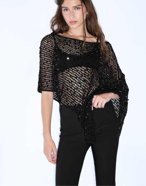 Stradivarius - Mantella in maglia nera con paillettes, 2 di 7