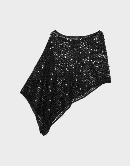 Stradivarius - Mantella in maglia nera con paillettes, 7 di 7