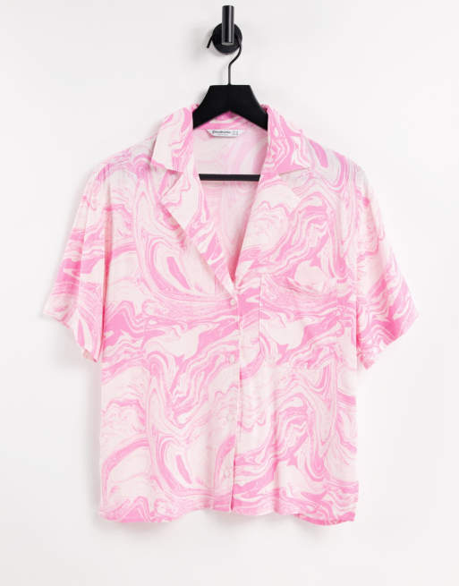 Stradivarius marble print boxy shirt in pink