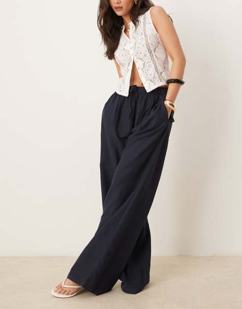 Stradivarius – Marinblå byxor i linnemix med vida ben - view 1