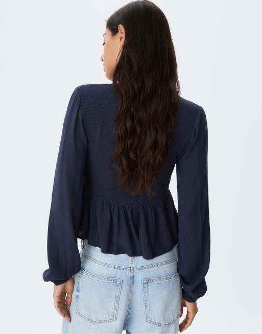 Stradivarius – Marinblå, ledig blus med långa ärmar, 2 av 4