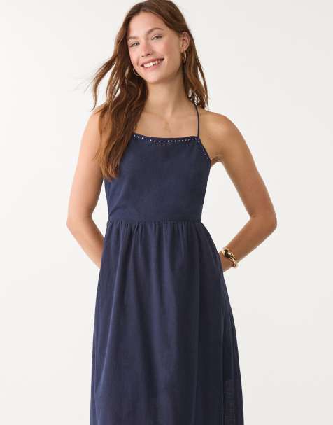 Stradivarius – Marinblå midiklänning med bar rygg - view 1