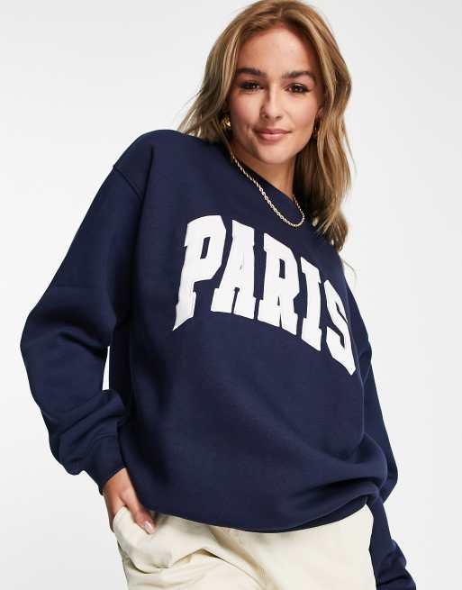 Stradivarius – Marinblå sweatshirt i oversize med Paris-tryck