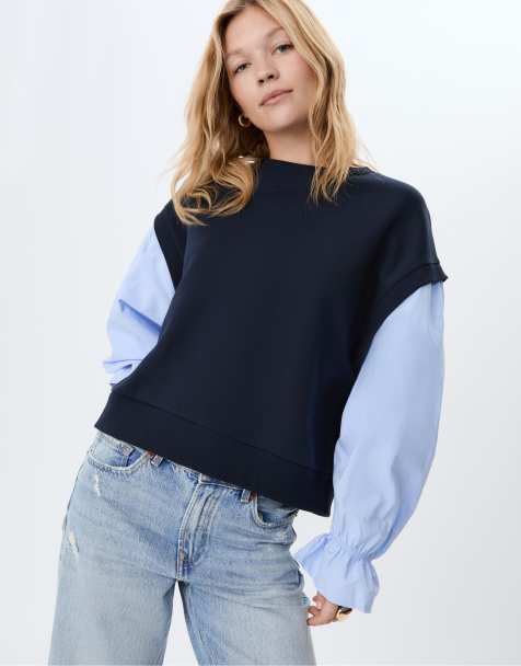 Stradivarius – Marinblå sweatshirt med kontrasterande puffärmar - view 1