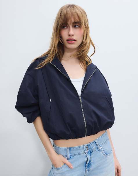 Stradivarius - Marineblå basisjakke med hætte i nylon - view 1