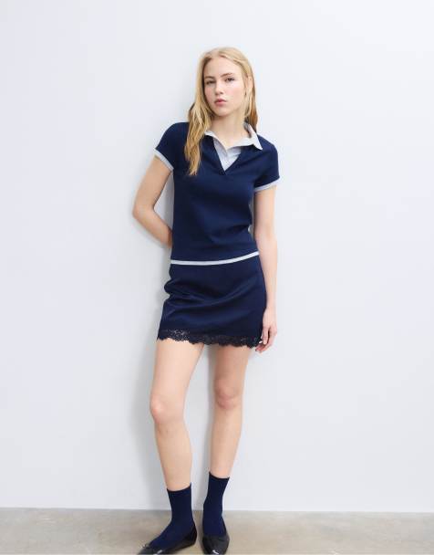 Stradivarius - Marineblå kortærmet polo-T-shirt med dobbeltlag - view 1