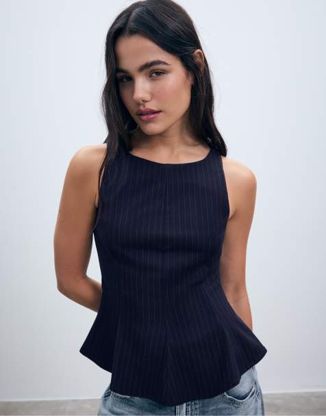 Stradivarius - Marineblå ærmeløs peplum-top med striber - view 1