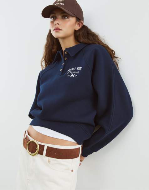 Stradivarius - Marineblå sweatshirt med polodetaljer samt knapper - view 1