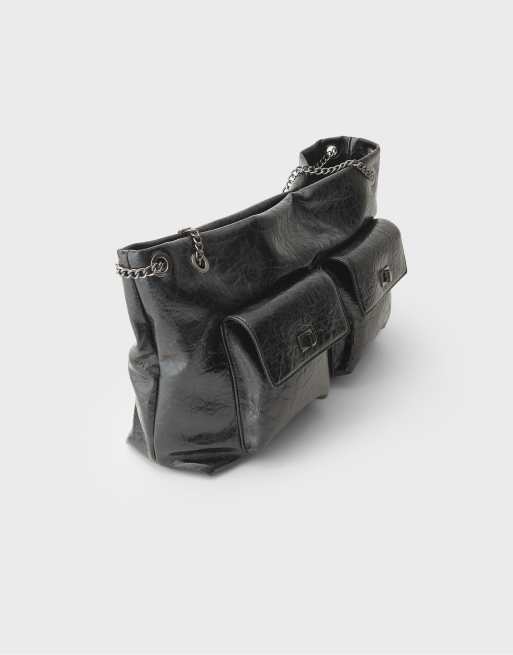 Stradivarius Maxi axelväska med fickor i svart, 4 av 4