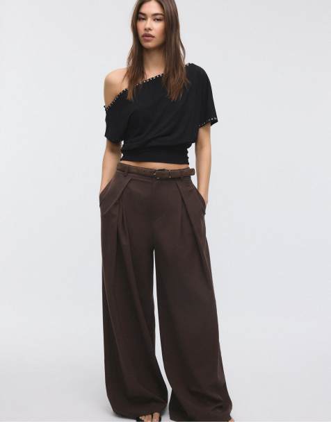 Stradivarius Maxi-dart trousers with belt in brown