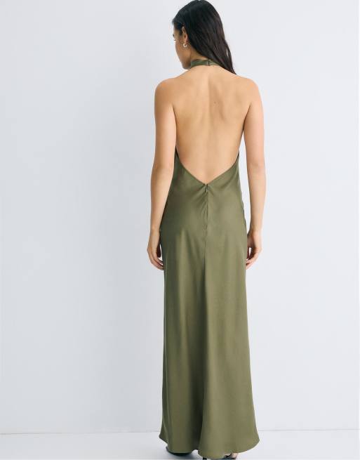 Stradivarius - Maxi jurk met open achterkant en halternek in olijfgroen, 3 van 4