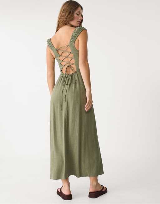 Stradivarius - Maxi jurk van linnenmix met gekruiste achterkant in kaki, 2 van 4