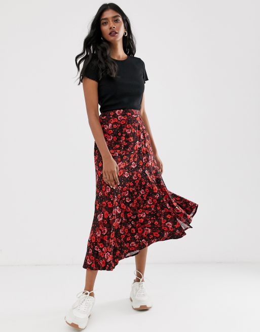 Stradivarius maxi skirt with button front in floral print | ASOS