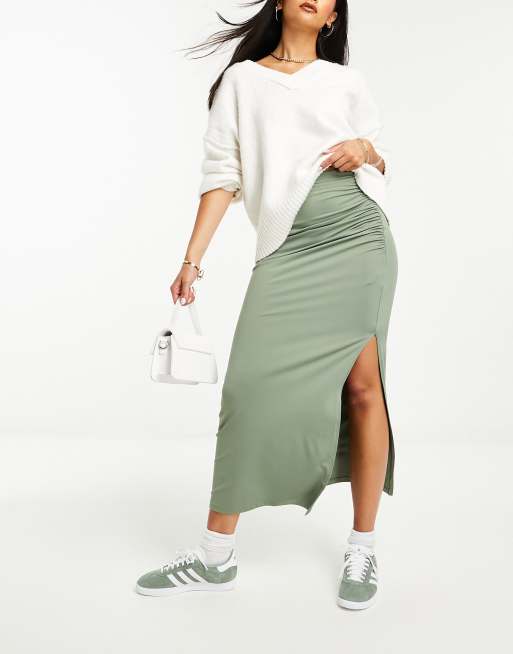 Stradivarius maxi skirt with side split in khaki | ASOS