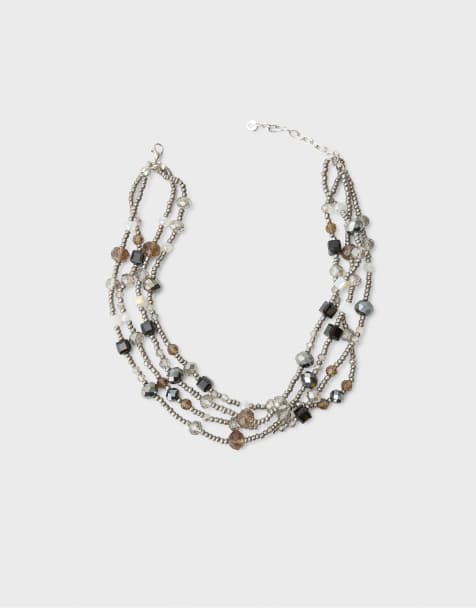 Stradivarius meerstrangs kralen chokerketting in grijs - view 1