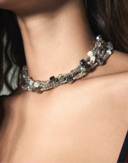 Stradivarius meerstrangs kralen chokerketting in grijs, 3 van 4