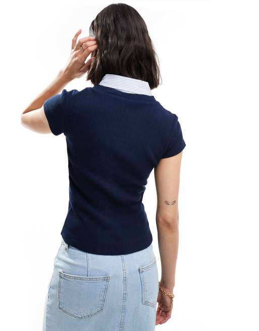 Stradivarius – Mehrlagiges T-Shirt in Marineblau mit Kragendetail 