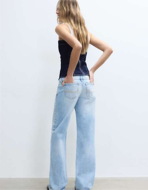 Stradivarius – Mellanblå jeans med raka ben, låg midja och hammare, 3 av 4