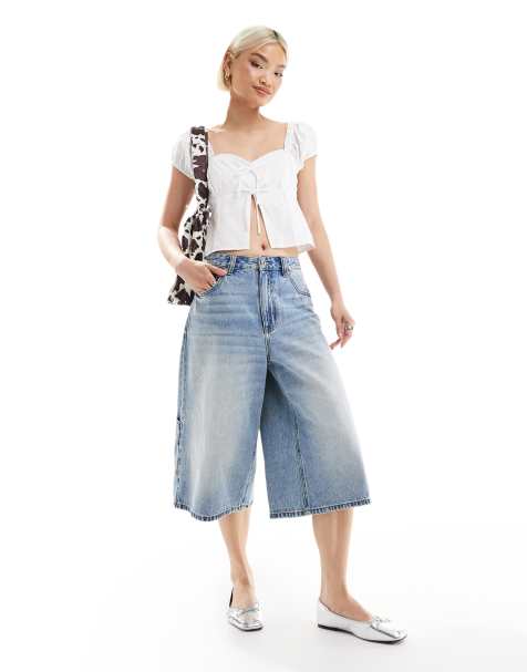 Stradivarius – Mellanblå långa jeansshorts i snickarstil - view 1