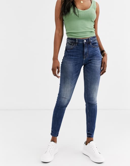 Stradivarius – Mellanblå, skinny jeans med hög midja